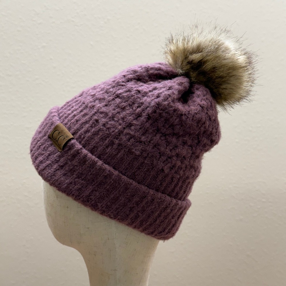 C.C Exclusives Fur Pom Pom Dark Rose Mauve Chunky Knit Ribbed Beanie Hat OneSize